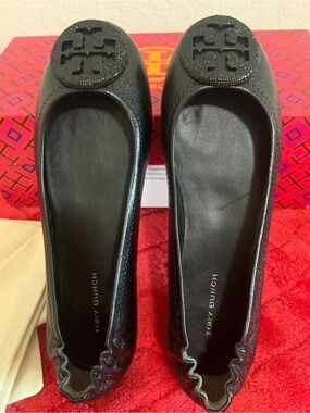Tory Burch Black Leather Logo Ballet Flats